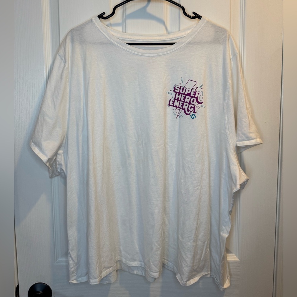 White Oversized Super Hero Energy Print T Shirt Size L/XL 100% Cotton